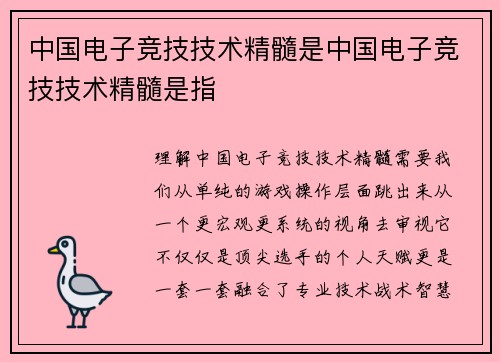 中国电子竞技技术精髓是中国电子竞技技术精髓是指